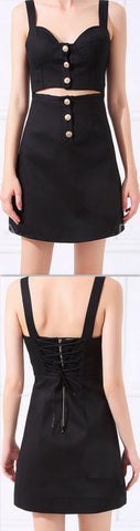 Black Bustier Cut-Out Back-Lace-Up Mini Dress - DESIGNER INSPIRED FASHIONS