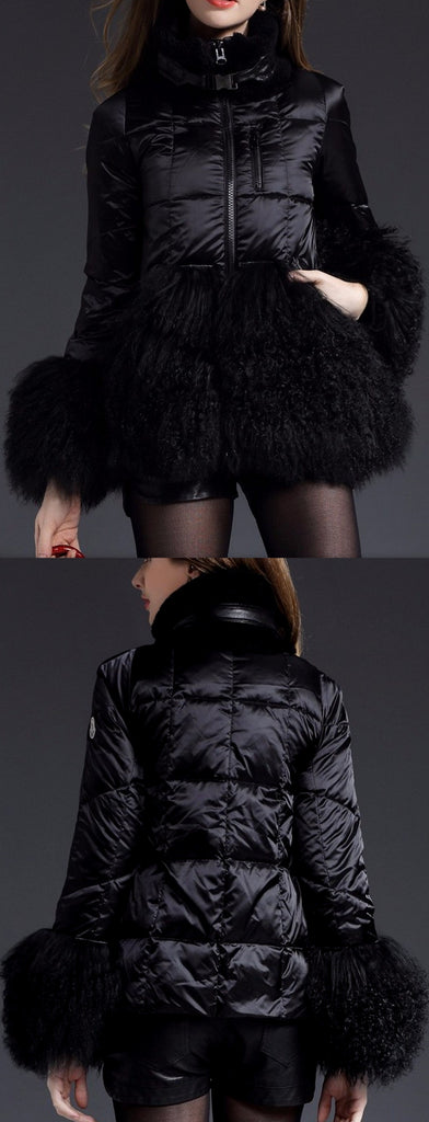 Short Puffer Down Coat with Sheep Wool/Fur, Black