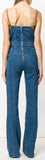 Denim Jumpsuit with Chain Straps and Gold Lion Head Button Detail