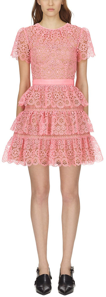 Pink Tiered Lace Mini Dress