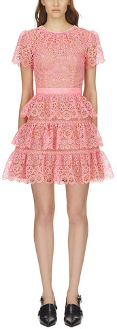 Pink Tiered Lace Mini Dress