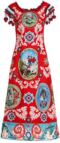 Printed Midi Pom Pom Dress with Macrame Detail