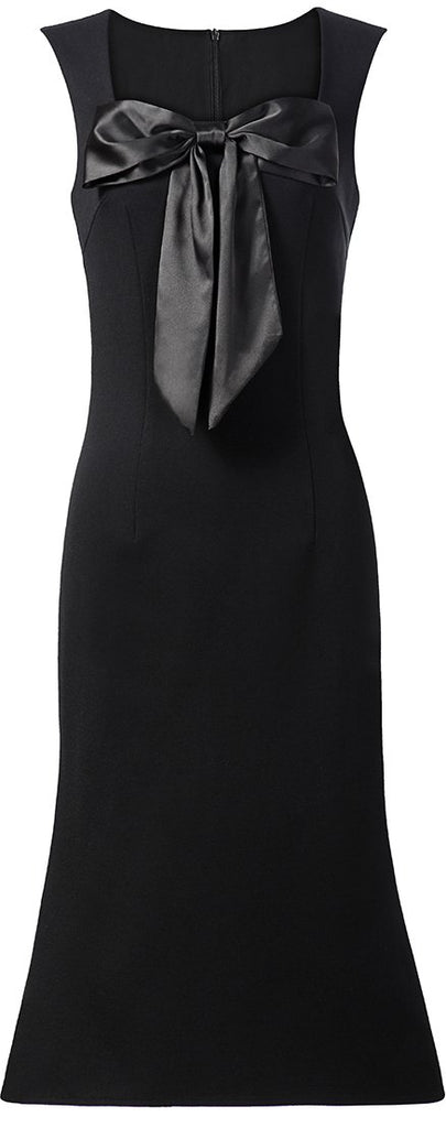 Black Satin Bow Square-Neck Midi Dress