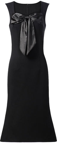 Black Satin Bow Square-Neck Midi Dress