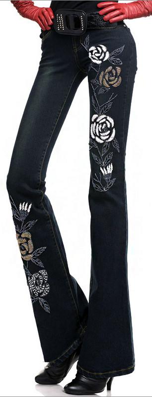 Rose Embellished Flared Jeans in Black or Blue - DESIGNER INSPIRED FASHIONS