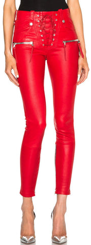 Lace Front Faux-Leather Skinny Pants in Red - DESIGNER INSPIRED FASHIONS