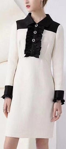 Bicolor Long-Sleeve Ruffle Mini-Dress