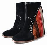 Studded Black Suede Ankle Boots with Multicolored Tassels