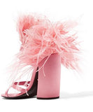 Feather-Trimmed Satin Sandals - Pink