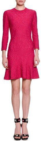 3/4 Sleeve Quilted Flirty-Hem Dress, Shocking Pink