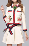 Contrast-Stripe Flower Applique Embroidered Jacket & Pleated Skirt Set - DESIGNER INSPIRED FASHIONS