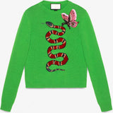 Butterfly-Embroidered Snake Intarsia Knit Sweater in Green - DESIGNER INSPIRED FASHIONS
