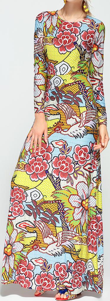 Printed Long-Sleeve Multicolored Maxi Dress