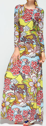 Printed Long-Sleeve Multicolored Maxi Dress