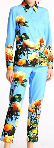 Floral Print Blue Shirt and Trouser Set