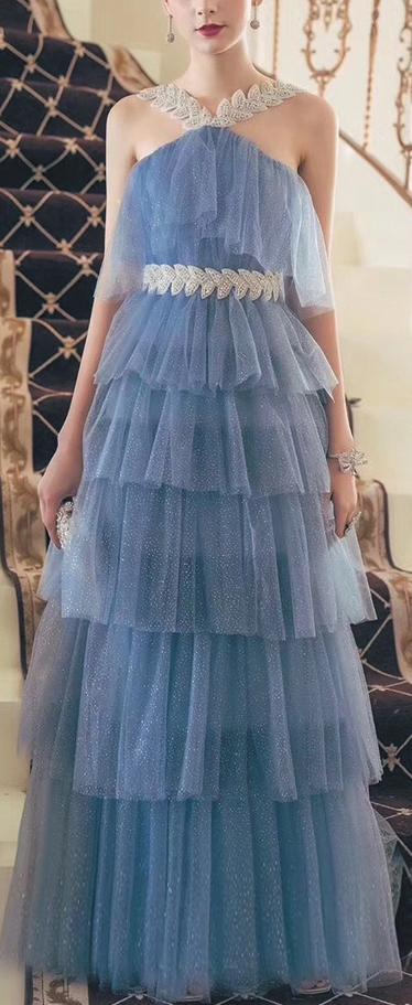 Tiered Embellished Mesh Gown