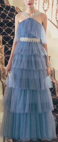 Tiered Embellished Mesh Gown