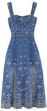 Gold-Embroidered Denim Midi Dress