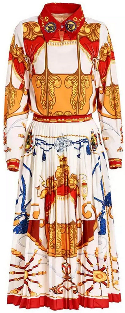 Stage Printed Blouse with Embellished Collar and Pleated Skirt Set