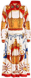 Stage Printed Blouse with Embellished Collar and Pleated Skirt Set