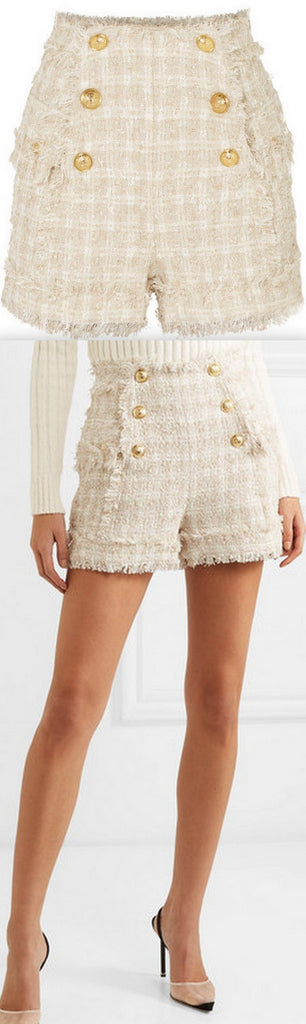 Button-Embellished Tweed Shorts