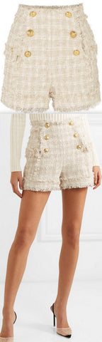 Button-Embellished Tweed Shorts