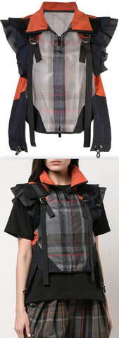 Buckled Paneled Checked Shirt, Blue/Orange | DESIGNER INSPIRED FASHIONS