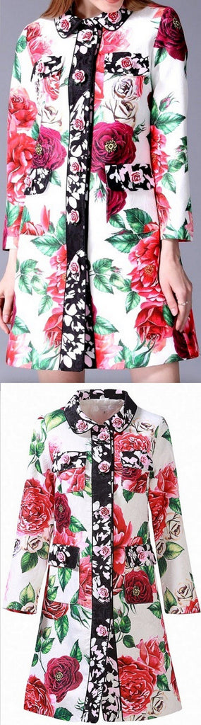 Rose-Embellished Printed Coat