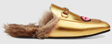Princetown Fur lined Embroidered Lip & Heart Slipper in Gold - DESIGNER INSPIRED FASHIONS