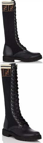 Leather and Knit Combat Knee Boots