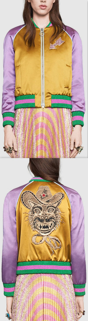 Embroidered Color-Contrast Satin Bomber Jacket - DESIGNER INSPIRED FASHIONS