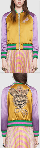 Embroidered Color-Contrast Satin Bomber Jacket - DESIGNER INSPIRED FASHIONS