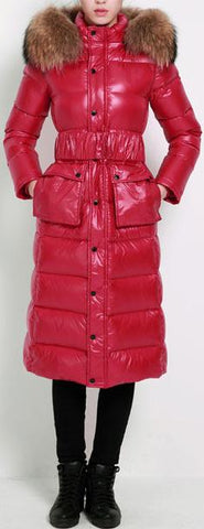 Paneled Puffer Coat with Removable Fur, Red