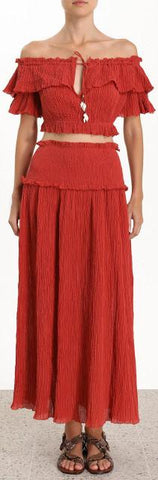 'Veneto' Off-the-Shoulder Draw Top and Shirred-Waist Skirt Set | DESIGNER INSPIRED FASHIONS