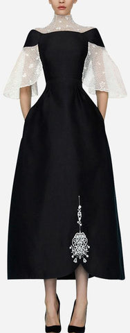 Black Gown with Lace Detail & Embroidery