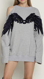 Wing-Embroidered Cold-Shoulder Sweatshirt, Grey