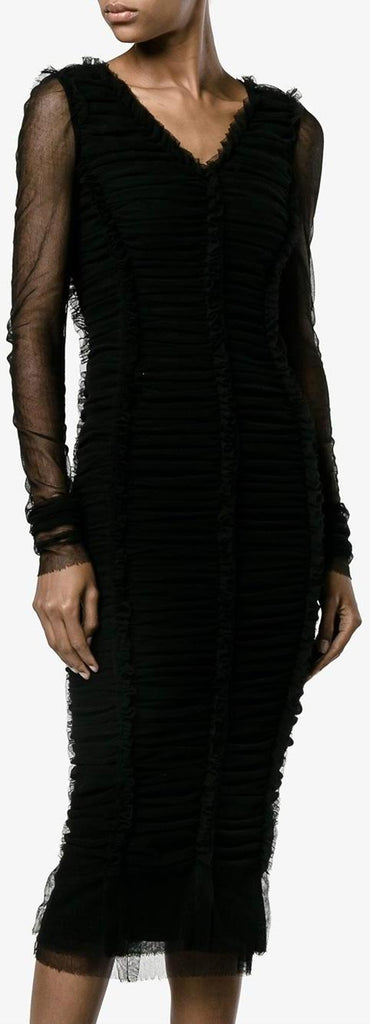 Black Ruched Tulle Fitted Midi Dress | DESIGNER INSPIRED FASHIONS
