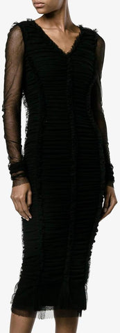 Black Ruched Tulle Fitted Midi Dress | DESIGNER INSPIRED FASHIONS
