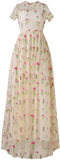 Floral-Embroidered Short-Sleeve Long Tulle Gown