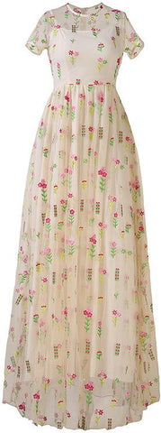 Floral-Embroidered Short-Sleeve Long Tulle Gown