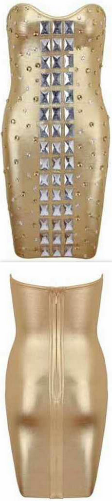 Bead-Embellished Strapless Gold Bodycon Tube Mini Dress