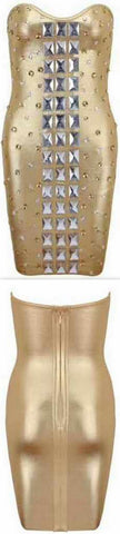 Bead-Embellished Strapless Gold Bodycon Tube Mini Dress
