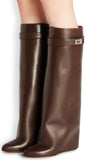 'Shark Lock' Wedge Knee Leather Boots in Chocolate Brown - DESIGNER INSPIRED FASHIONS