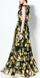 Lemon Print Tiered Long Maxi Dress in Black - DESIGNER INSPIRED FASHIONS