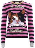 Cat Embroidered Striped Knit Sweater - DESIGNER INSPIRED FASHIONS