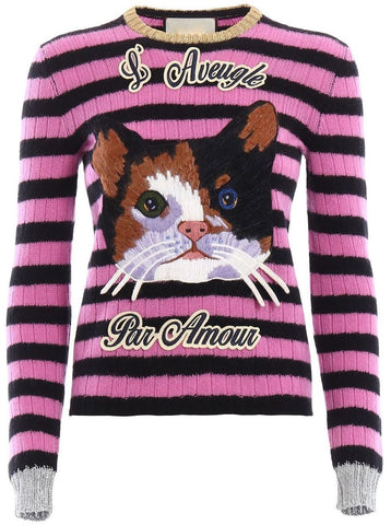 Cat Embroidered Striped Knit Sweater - DESIGNER INSPIRED FASHIONS