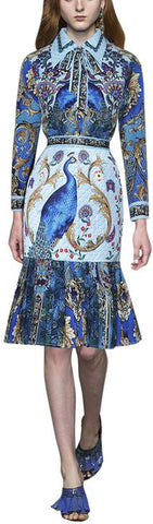 Peacock Printed Blouse & Pleated Skirt Set