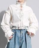 Ruffle Lace-up Shirt, White