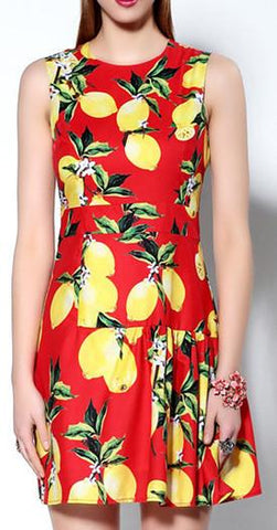 Lemon Print Sleeveless Short Dress in Red - DESIGNER INSPIRED FASHIONS