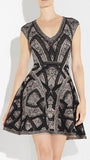 Jacquard Stretch V-Neck Patterned Sleeveless A-Line Mini Dress - DESIGNER INSPIRED FASHIONS